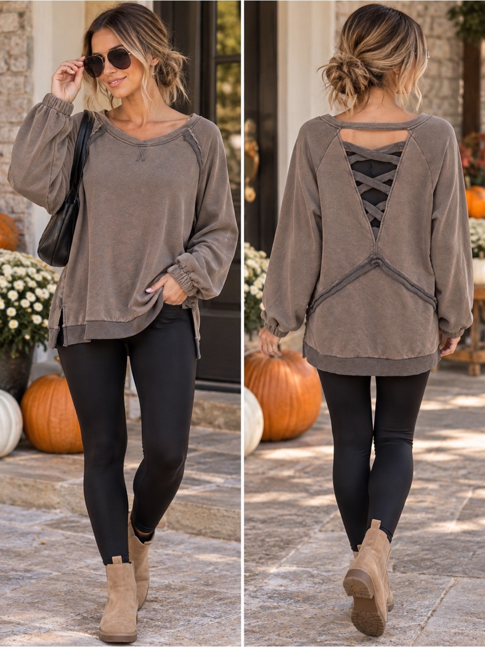 POL Washed Taupe Lace-Up Back Pullover